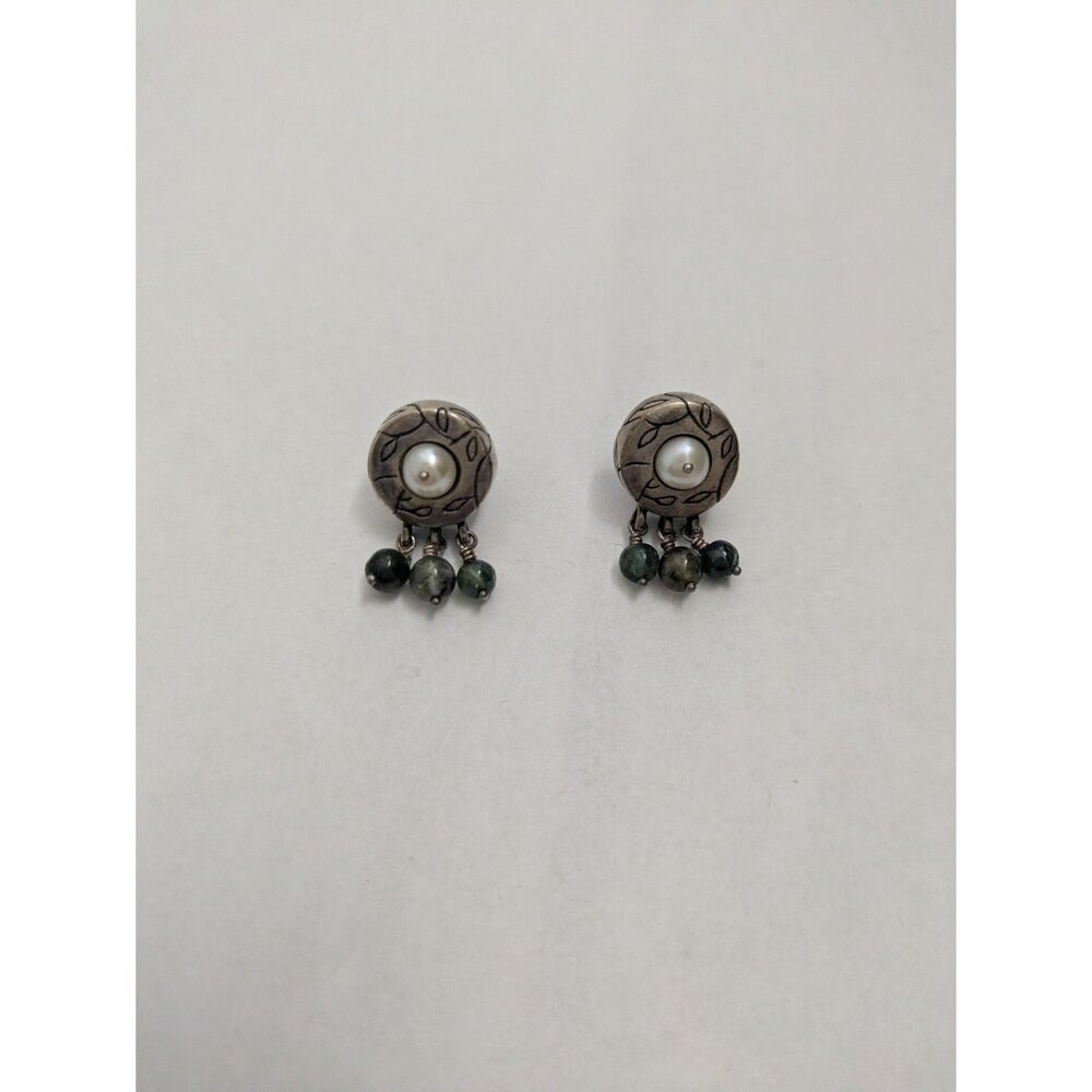Sisae Sterling Silver Pearl Beaded Dangle Earrings Artisan Vintage Botanical